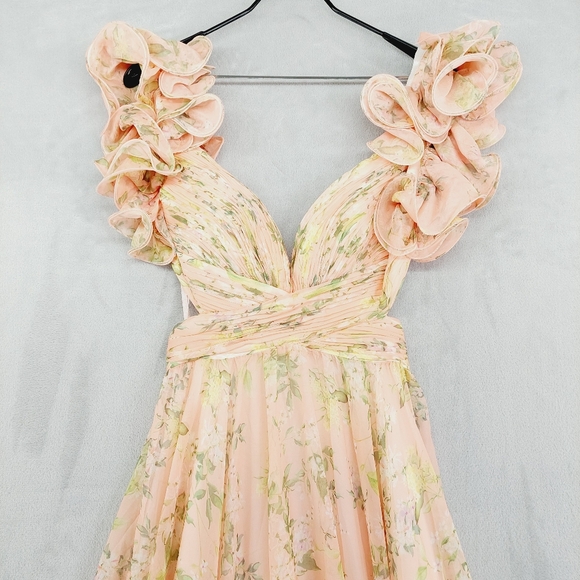 NWT Mac Duggal  Pink Multicolor Ruffle Tiered Floral Cut-Out Chiffon Gown P2841 - Picture 4 of 11